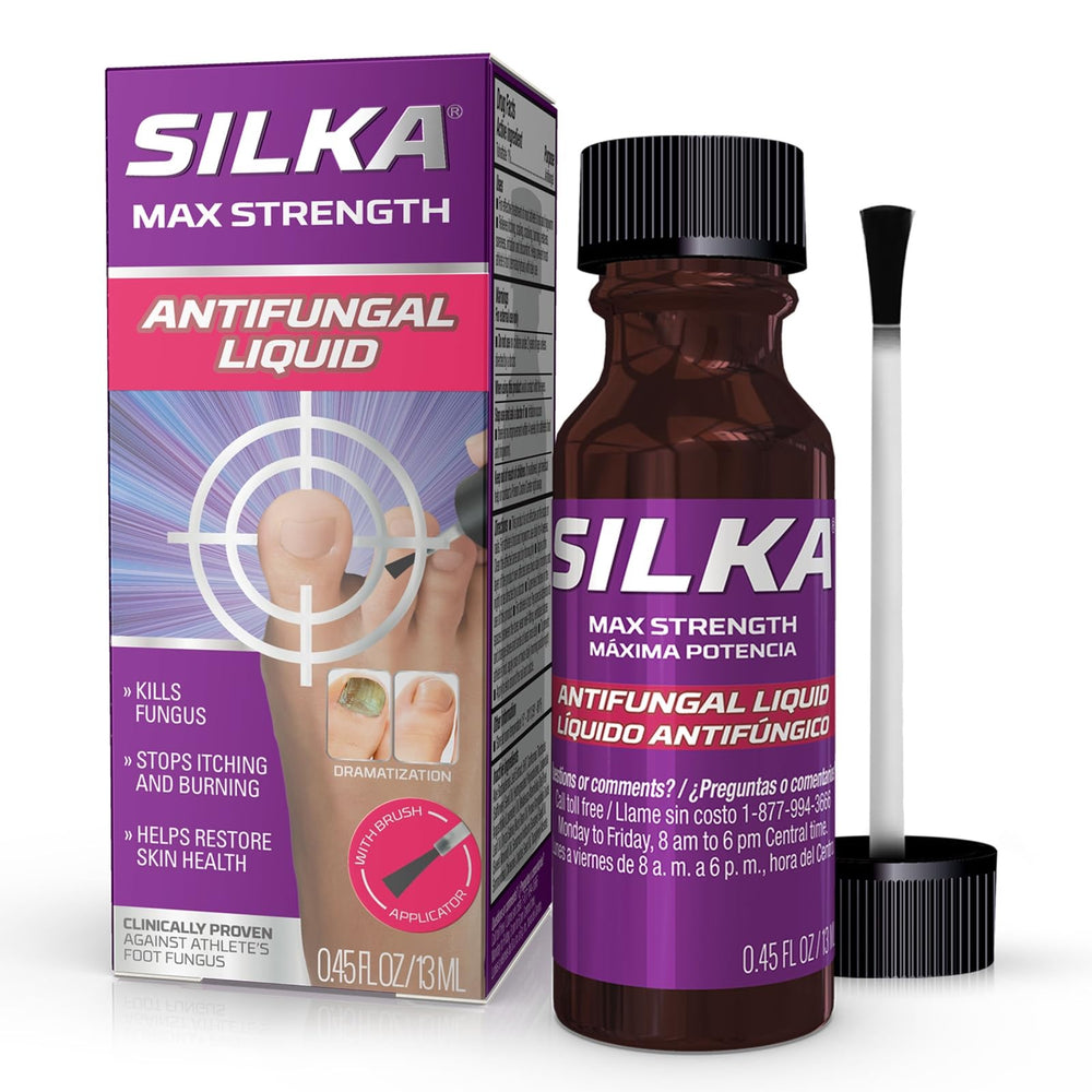 Silka antifungal liquid brush application on nail area for targeted treatment.