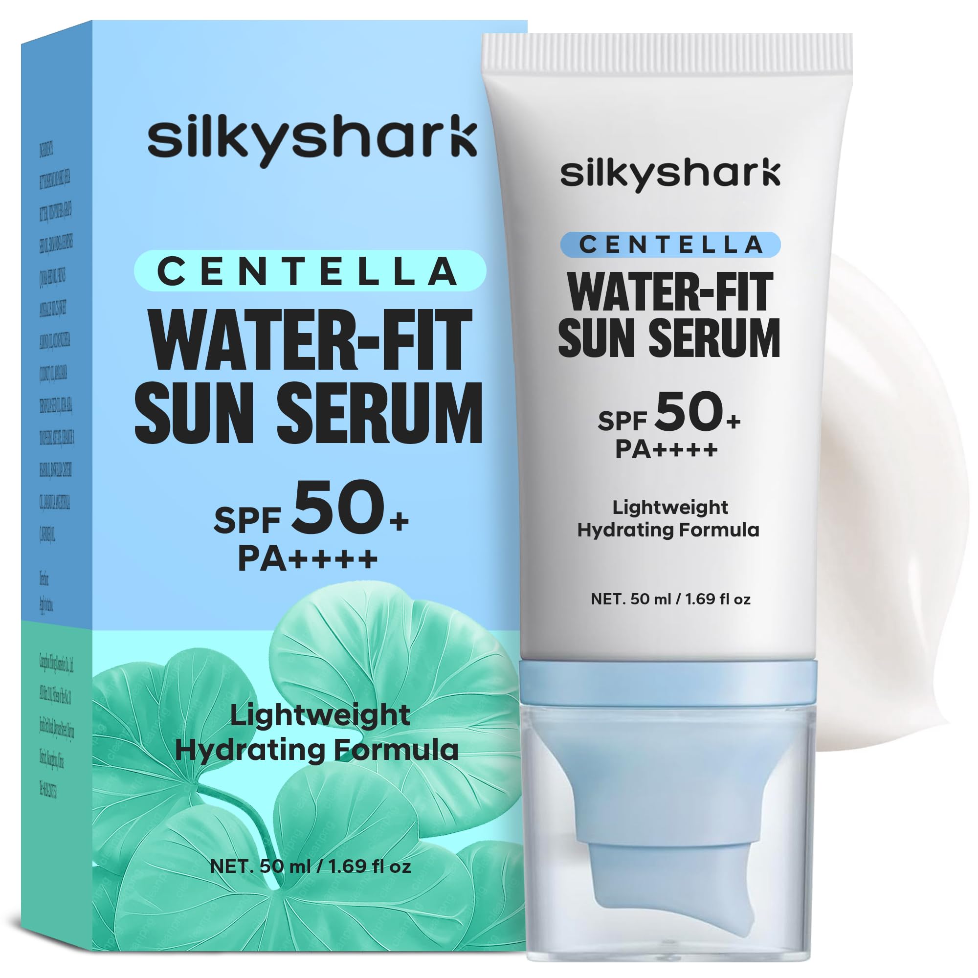 SilkyShark Centella Sunscreen bottle front view with oil-free hydration and broad protection