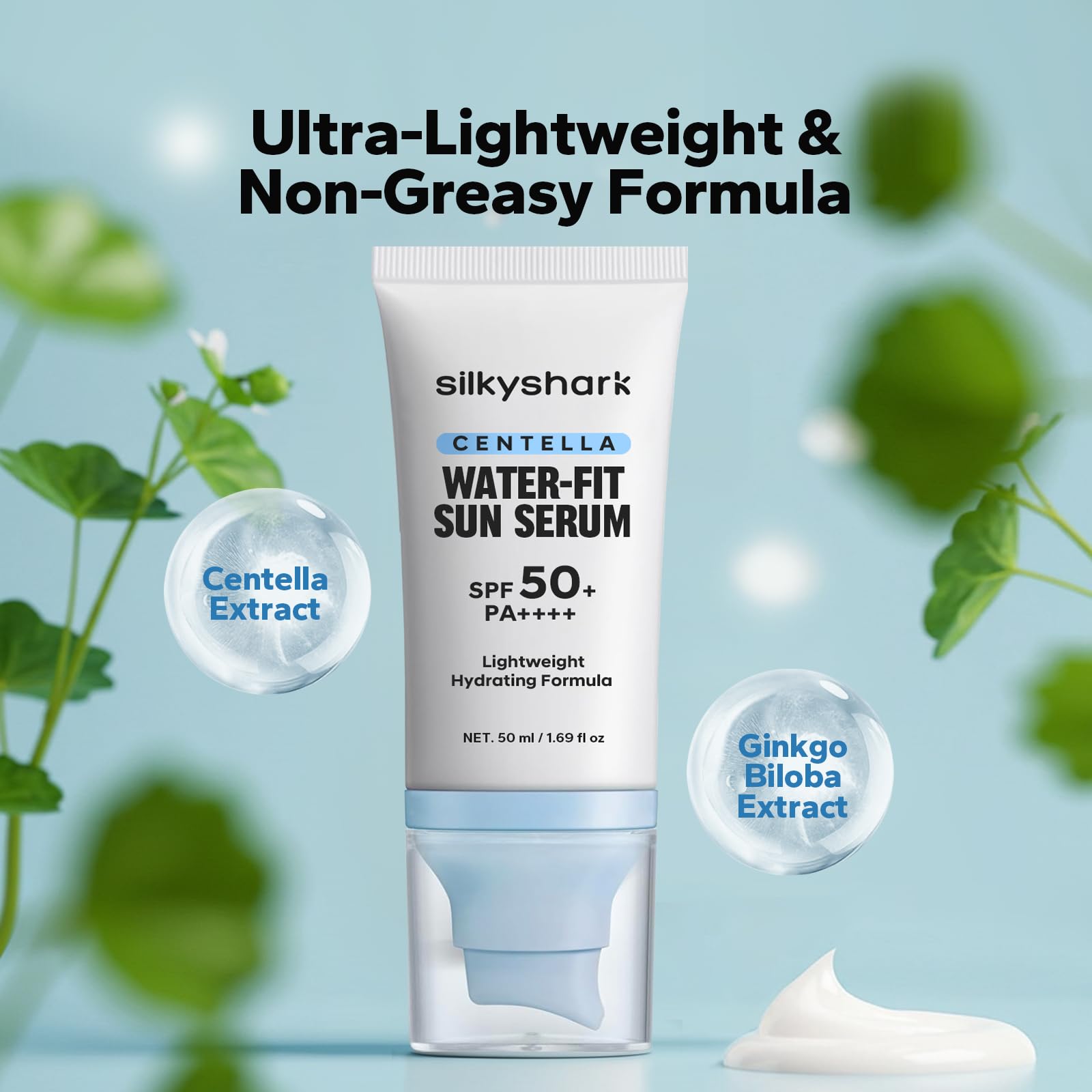SilkyShark Centella Sunscreen packaging with pump bottle emphasizing reef-safe UVA/UVB protection