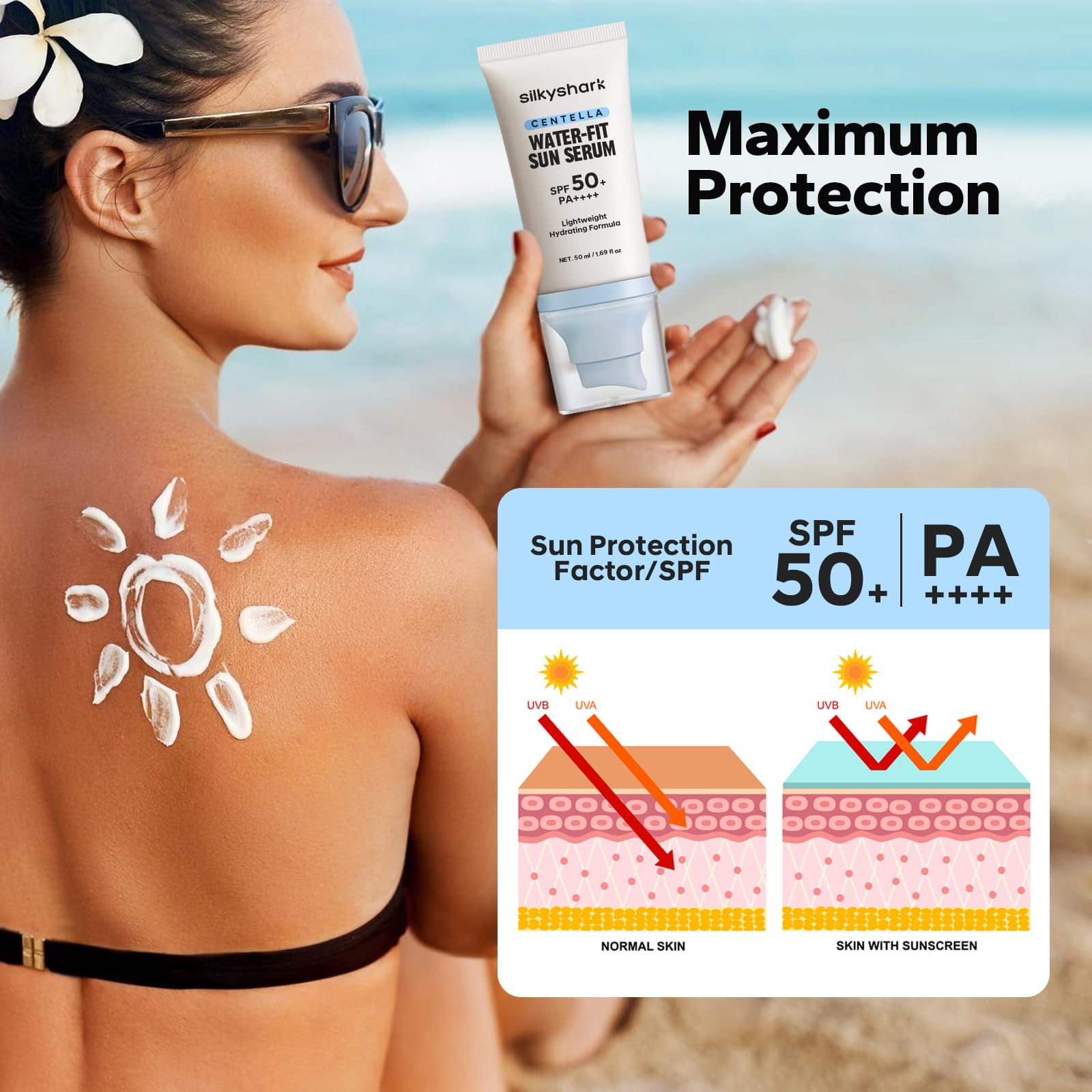 SilkyShark Centella Sunscreen texture on skin showing non-greasy finish for daily use