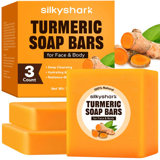SilkyShark turmeric soap bar 3-pack front view for daily face and body cleansing.