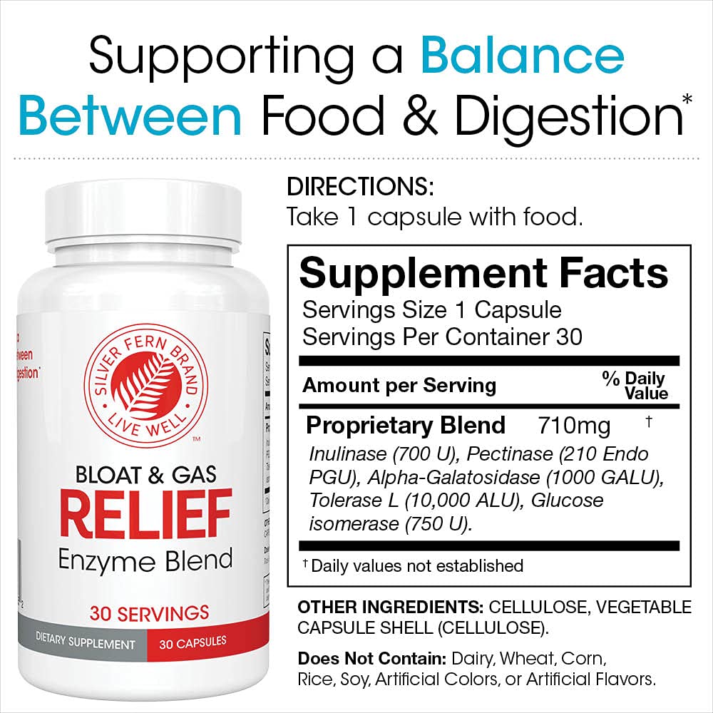 Silver Fern Bloat Relief bottle label, shows enzyme blend for comfort after eating