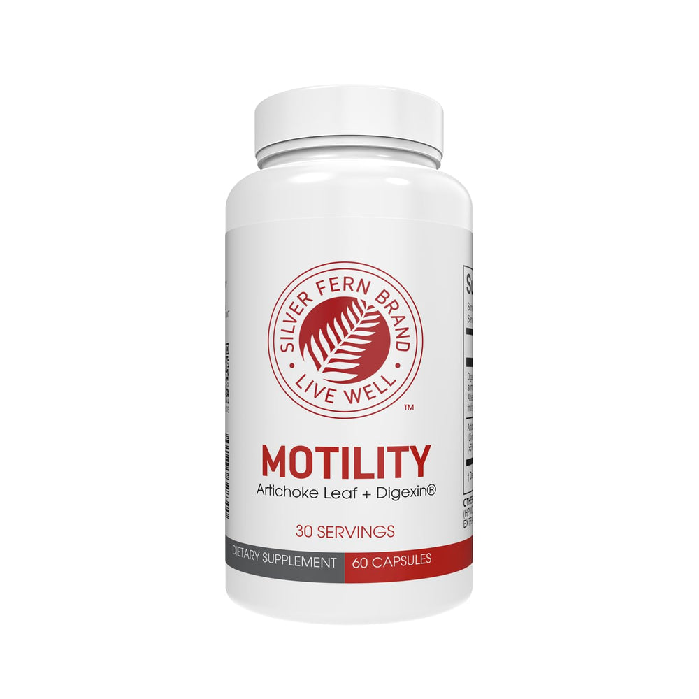 Silver Fern Motility bottle close-up for daily non-laxative support.