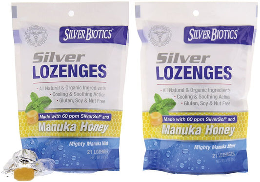 Front of American Biotech Labs Silver Lozenges Mighty Manuka Mint packaging