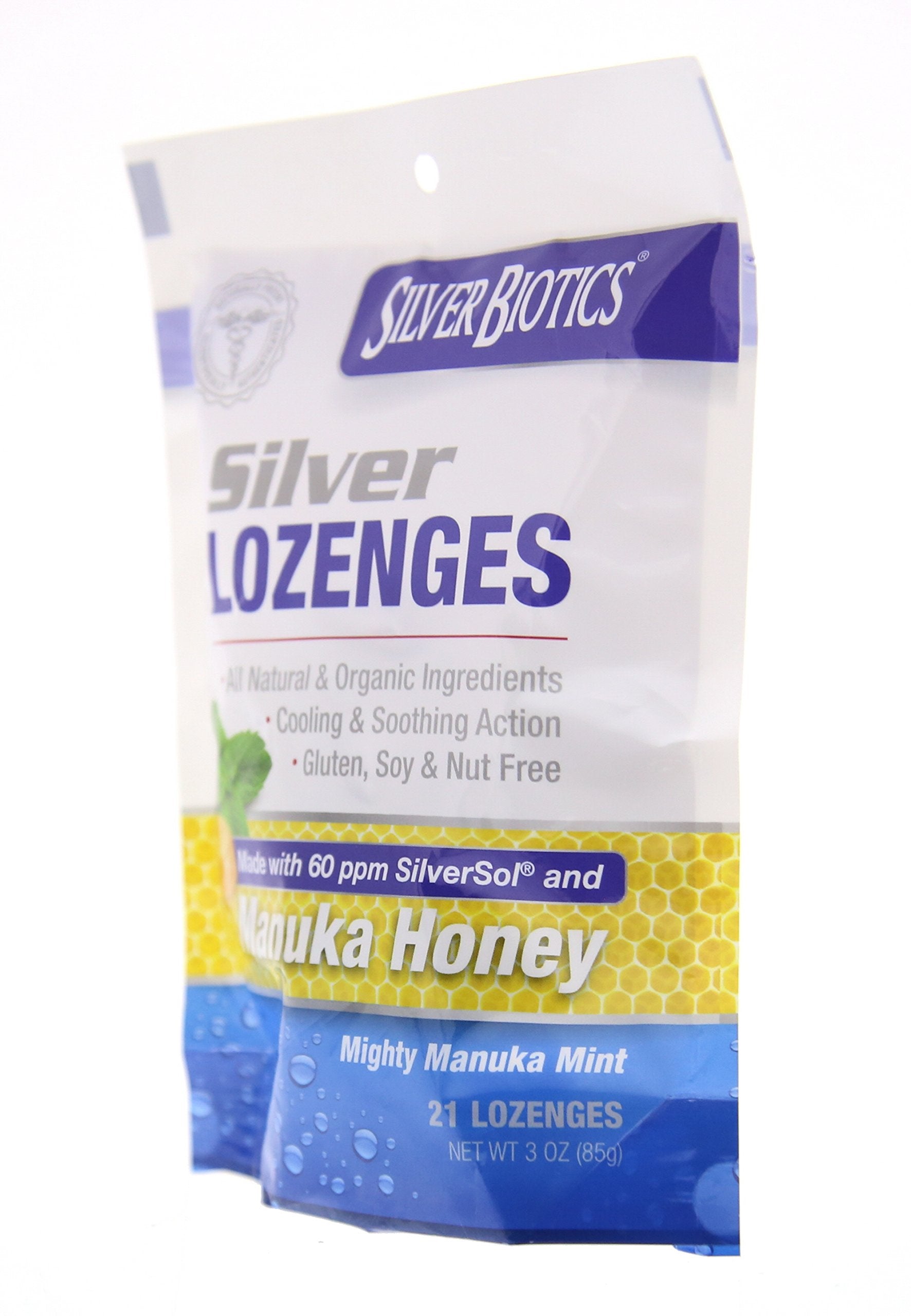 Close-up of lozenge showing mint and manuka honey flavors