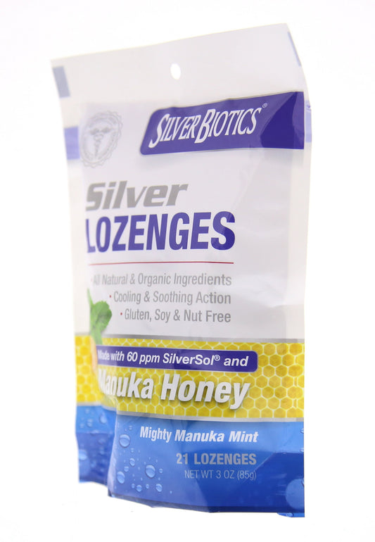 Close-up of lozenge showing mint and manuka honey flavors