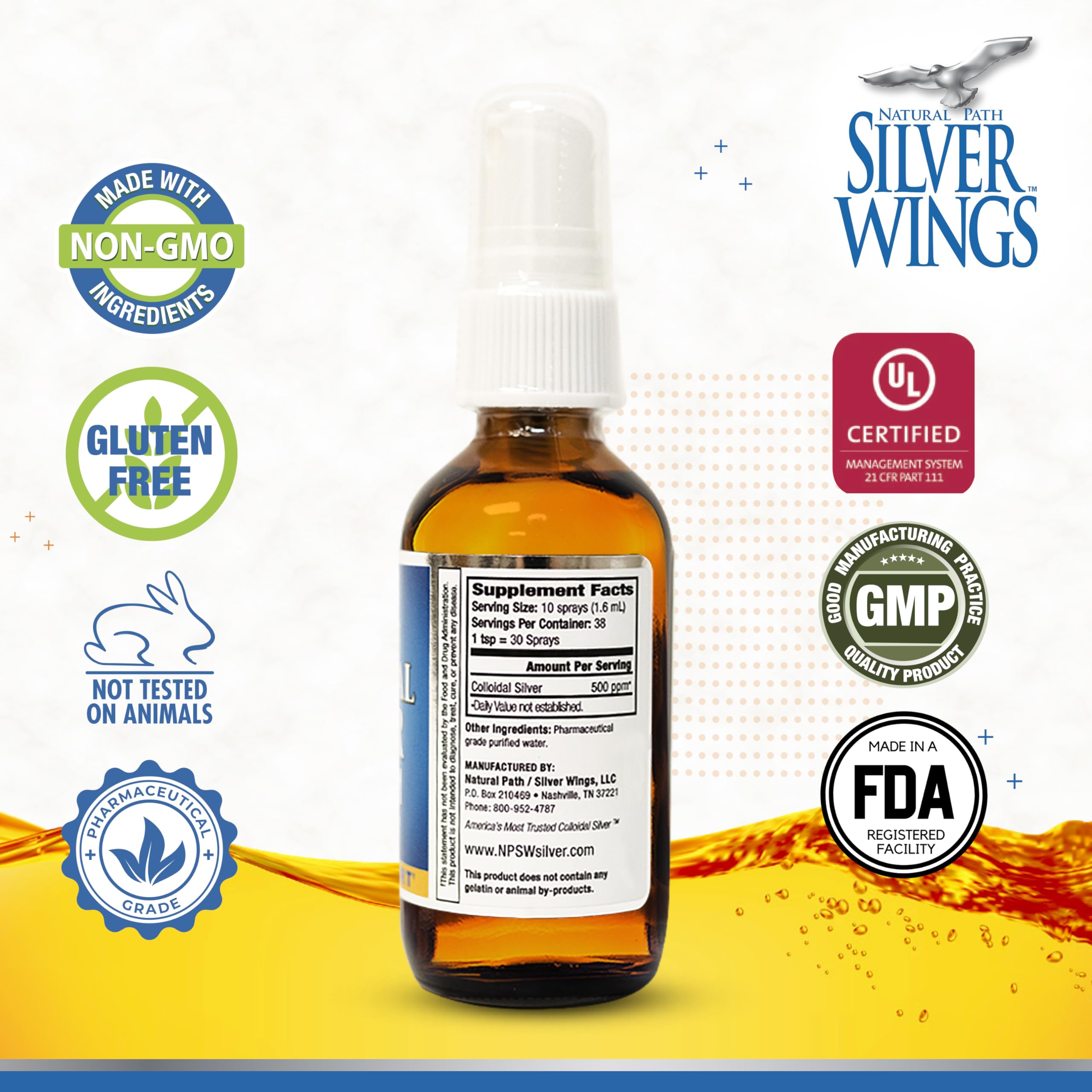 Label indicating 500ppm colloidal silver for immune support
