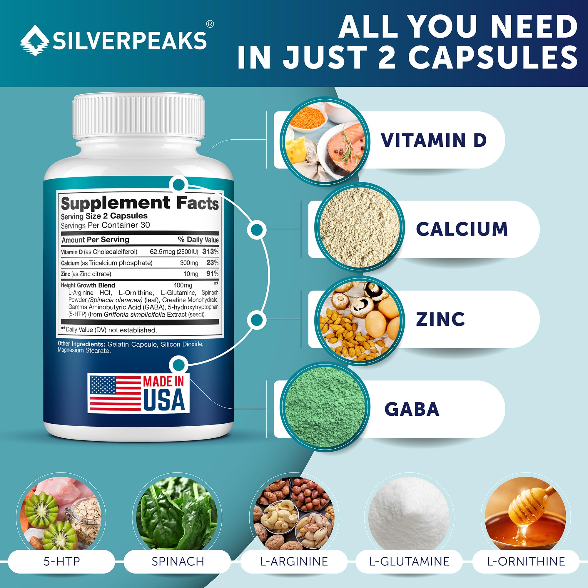 Silverpeaks Growth Capsules ingredient panel shows calcium and vitamin D for bone health