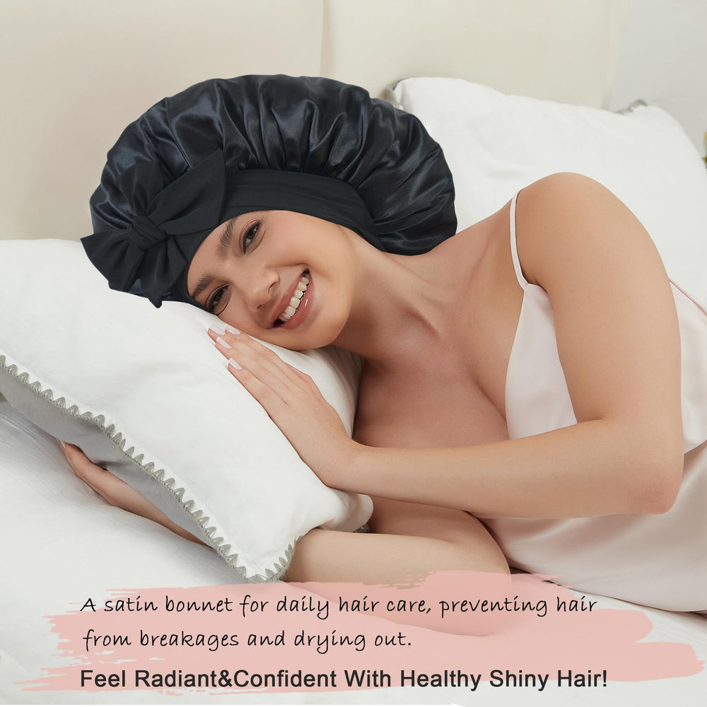 Simapu double-layer satin bonnet, inside and out, protects hair while you rest.