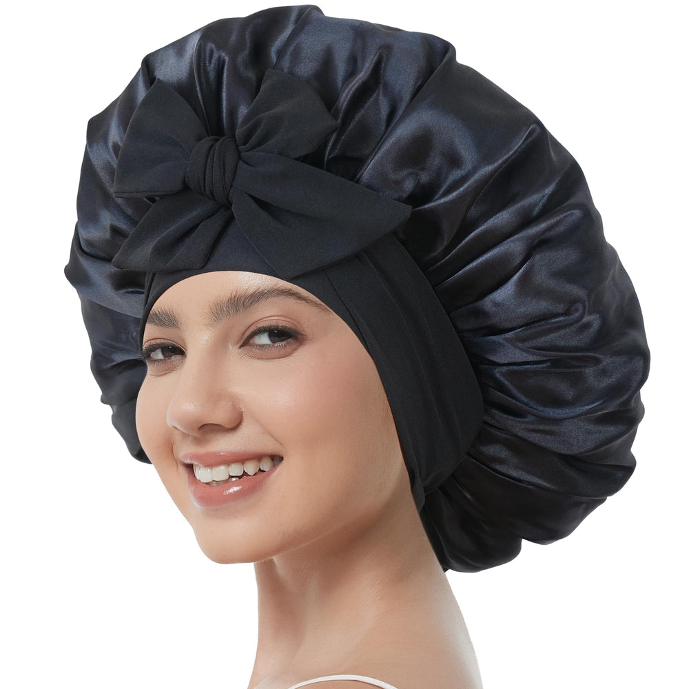 Simapu satin bonnet for sleeping with tie band providing secure, comfortable fit.