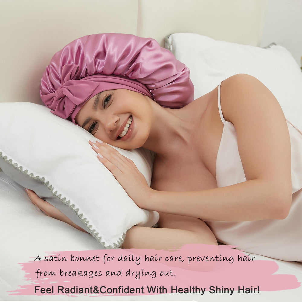 Simapu satin bonnet with generous size covers all hair for various styles.