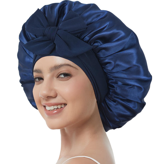 Simapu satin bonnet with tie band, secure fit for restful sleep and hair protection.