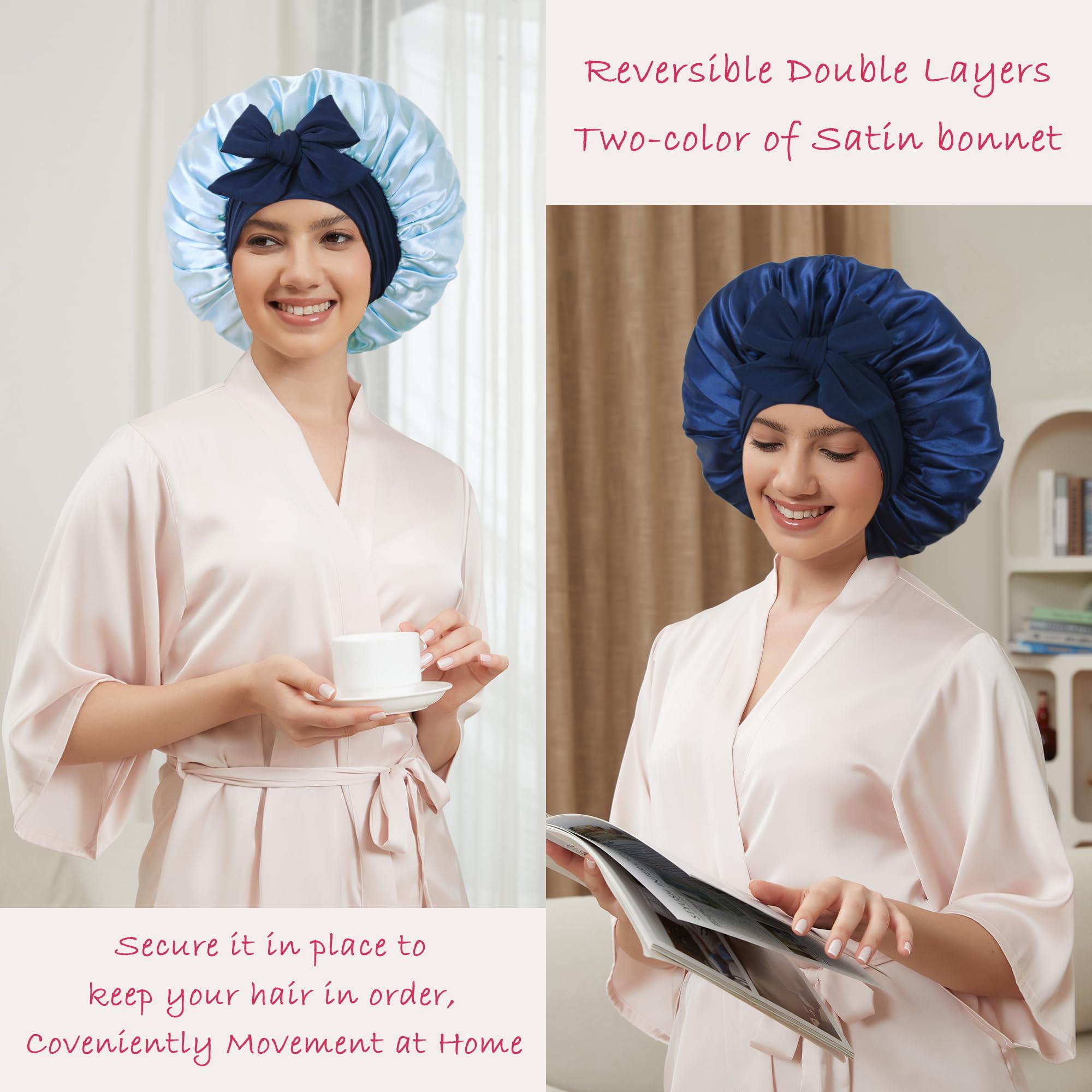 Simapu silk bonnet elastic band closeup showing adjustable straps for comfortable wear.
