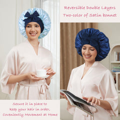 Simapu silk bonnet elastic band closeup showing adjustable straps for comfortable wear.
