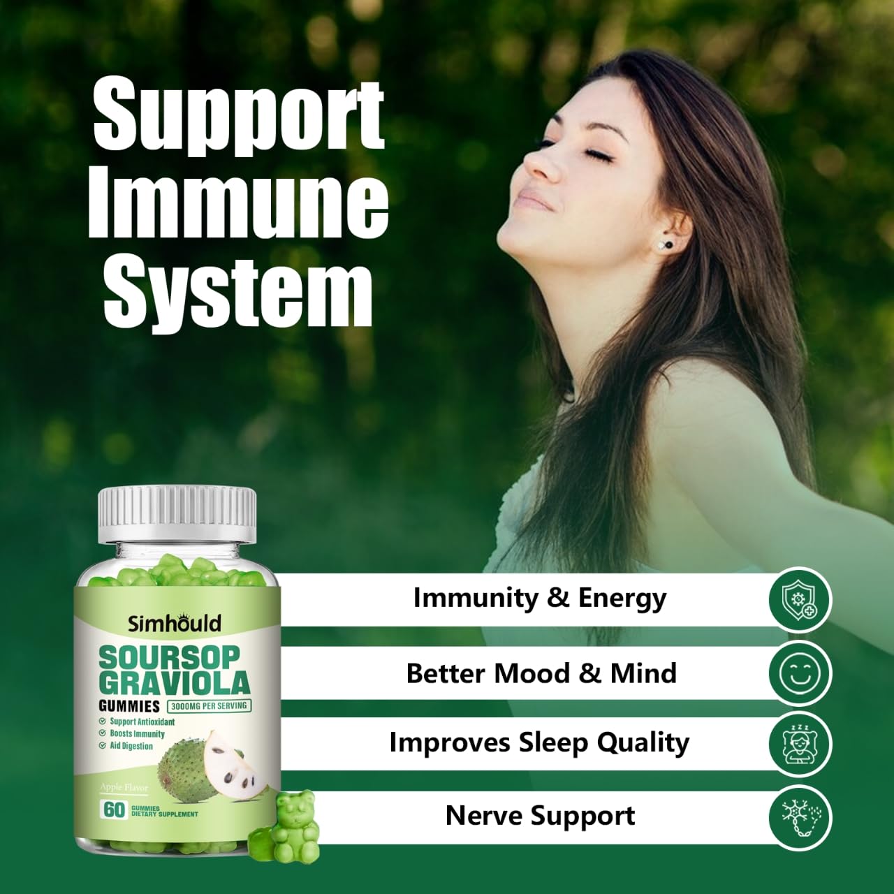 Back view of Simhould Soursop Graviola Gummies package with details