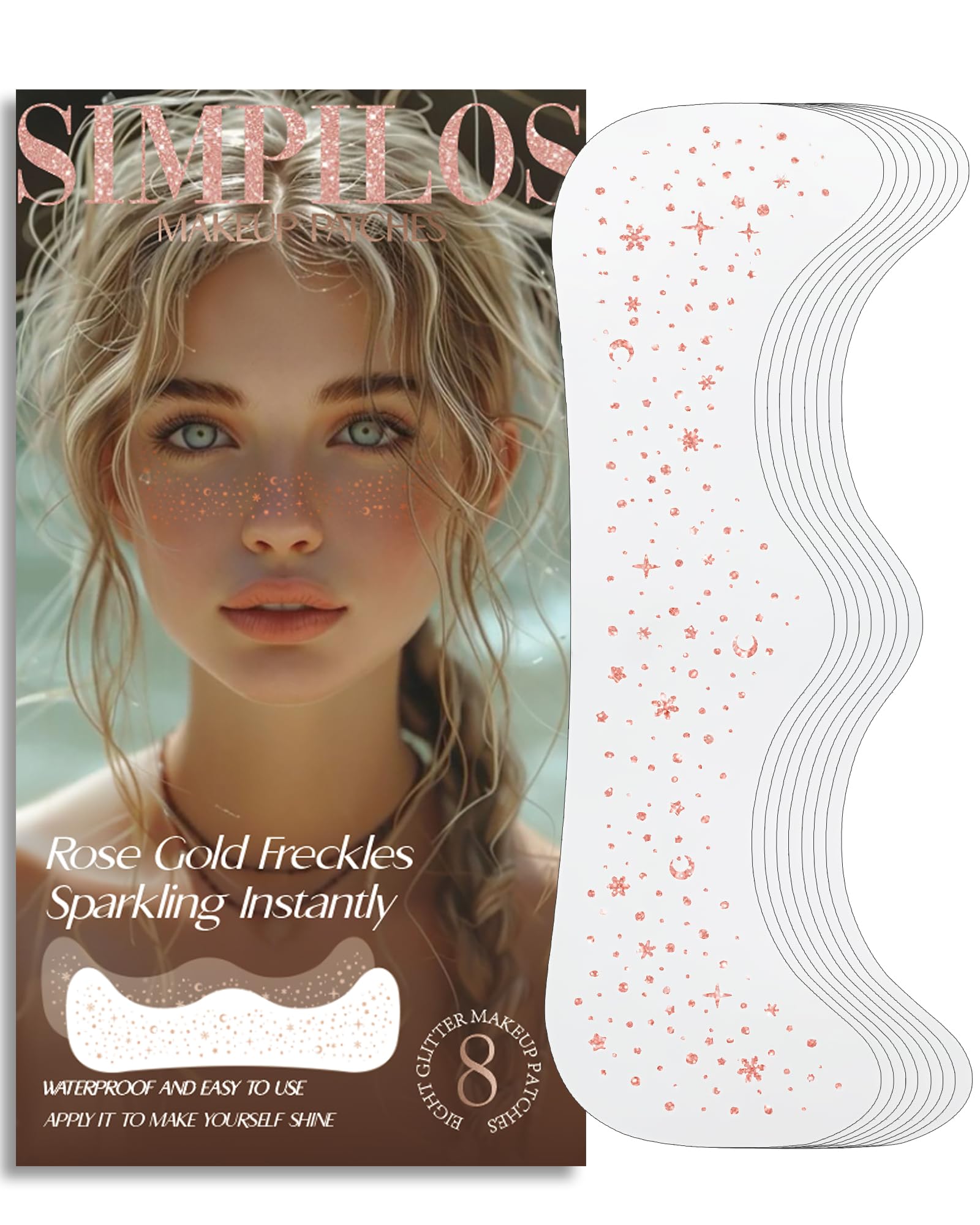 Simpilos rose gold glitter face patch for festival makeup and skin-friendly sparkle.