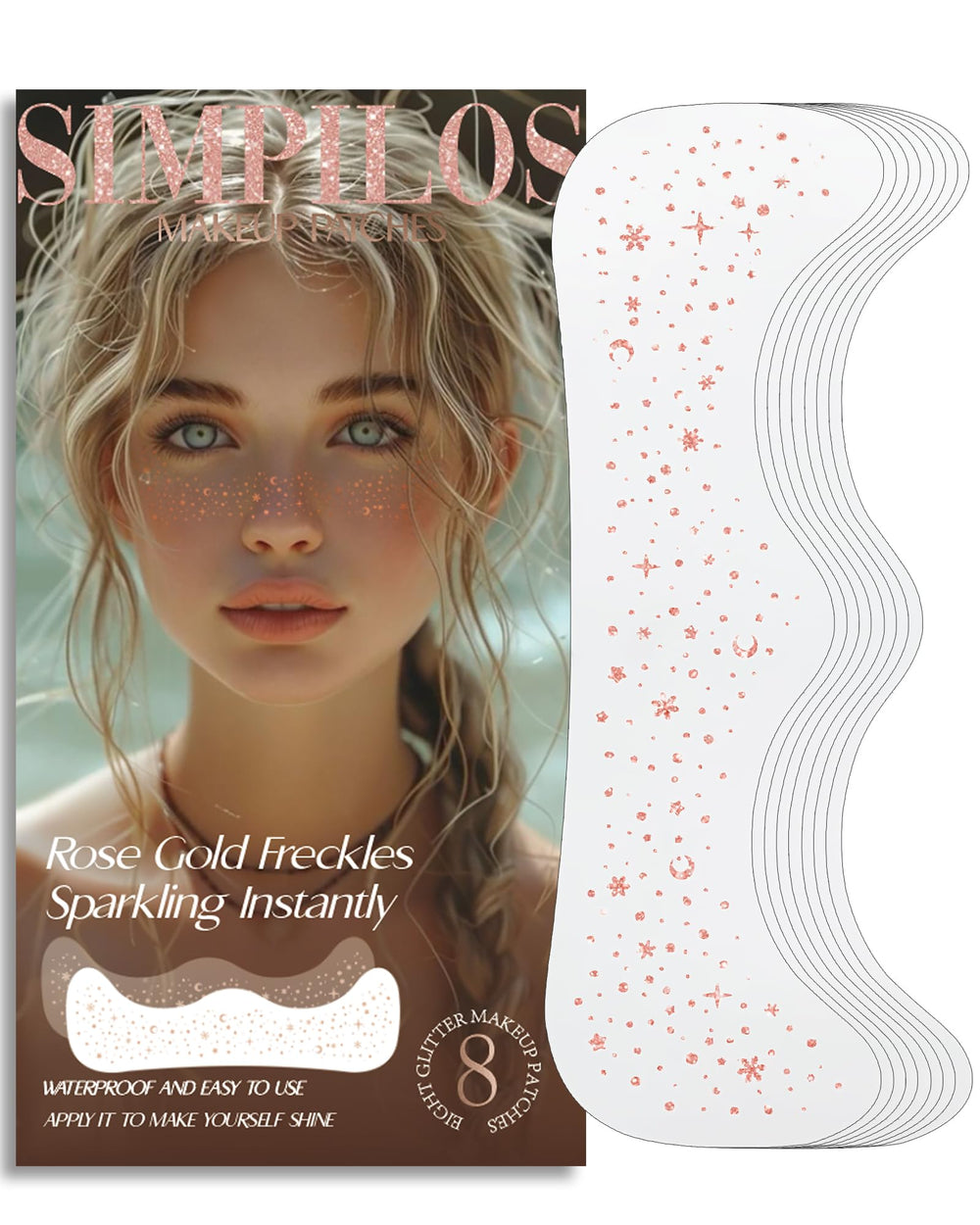 Simpilos rose gold glitter face patch for festival makeup and skin-friendly sparkle.