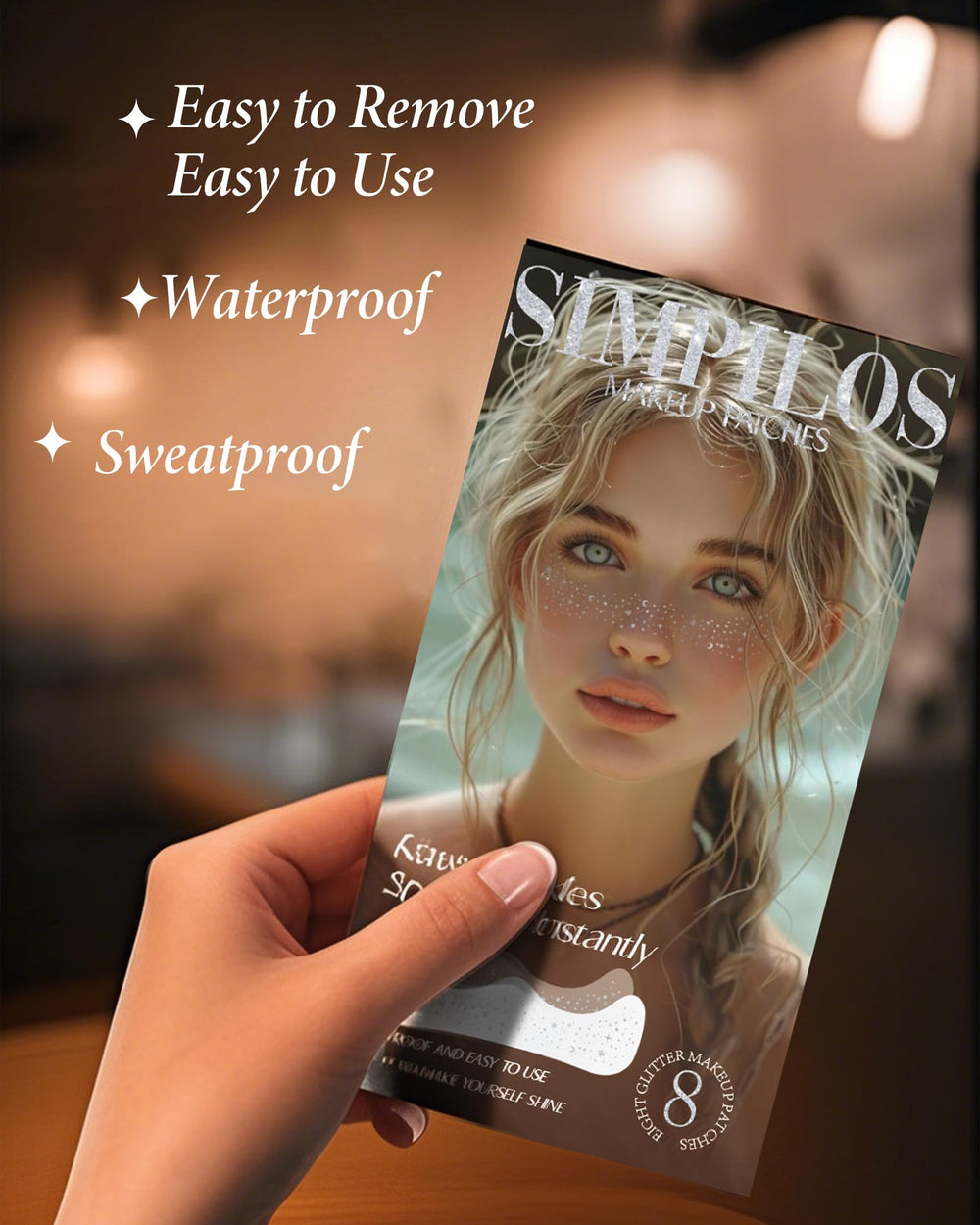 Skin-friendly Simpilos glitter patches feel gentle while delivering lasting shimmer