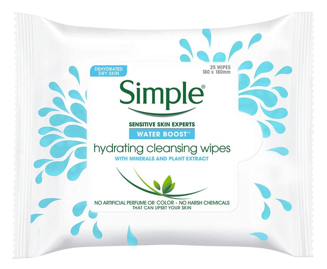 Simple Water Boost hydrating cleansing face wipes cleanse makeup and hydrate skin.