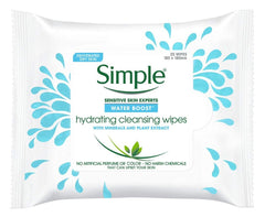 Simple Water Boost hydrating cleansing face wipes cleanse makeup and hydrate skin.