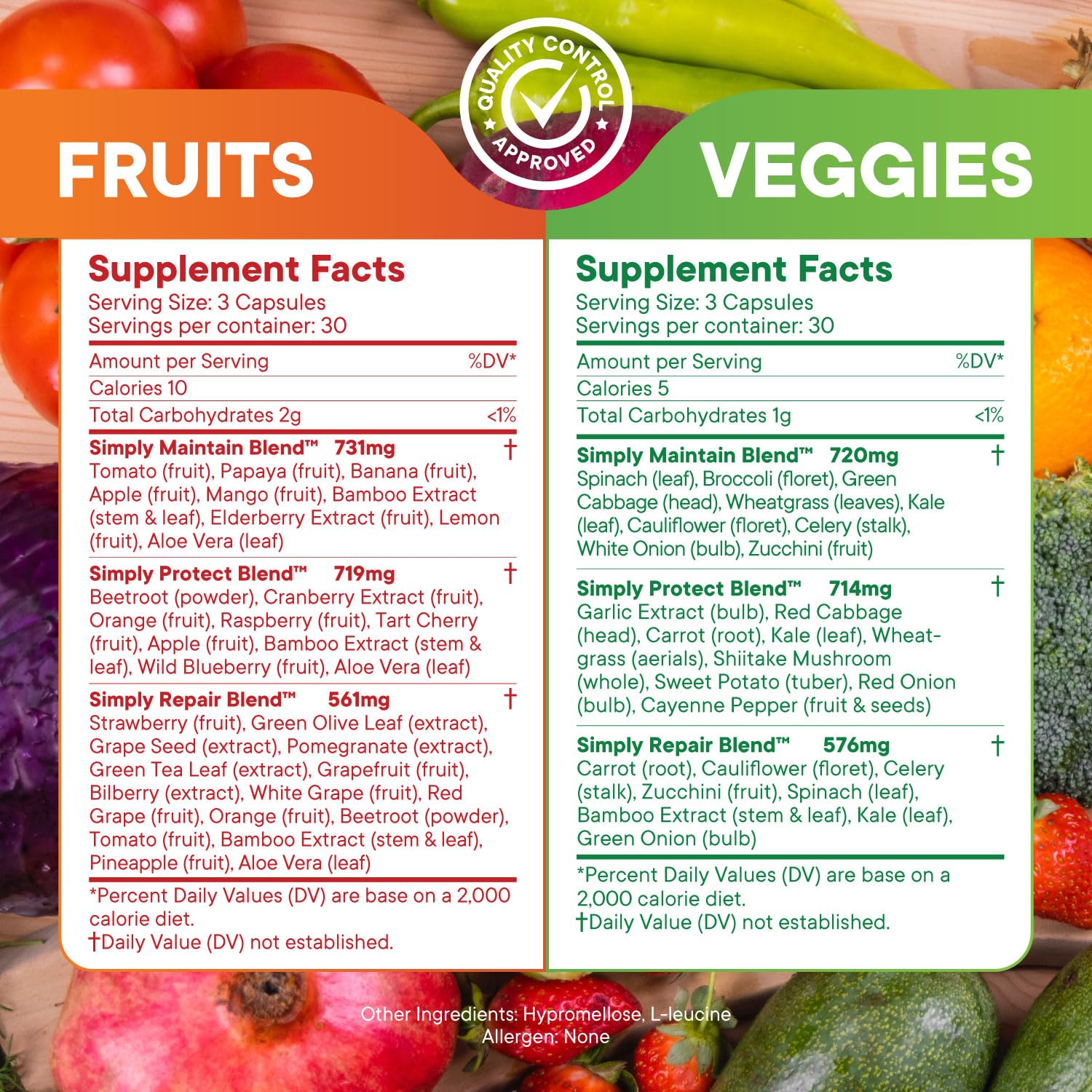 Close-up of 42+ fruits and vegetables in the blend