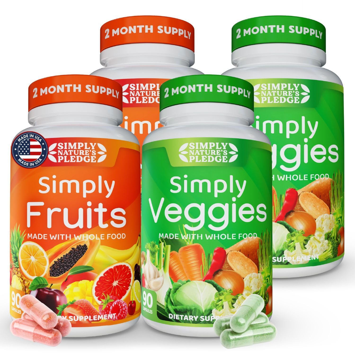 Simply Nature's Pledge bottle front with capsules for daily nutrition.
