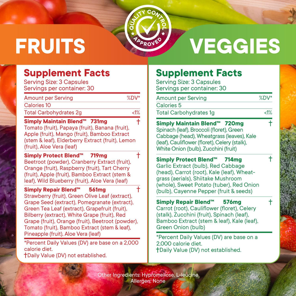 Colorful mix of 42+ fruits and vegetables for balanced nutrition.
