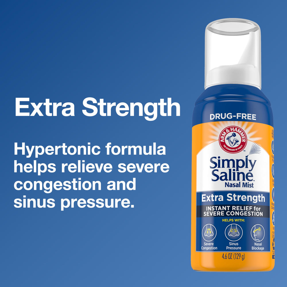 Simply Saline extra-strength severe-congestion mist bottle ready for quick relief on the go.