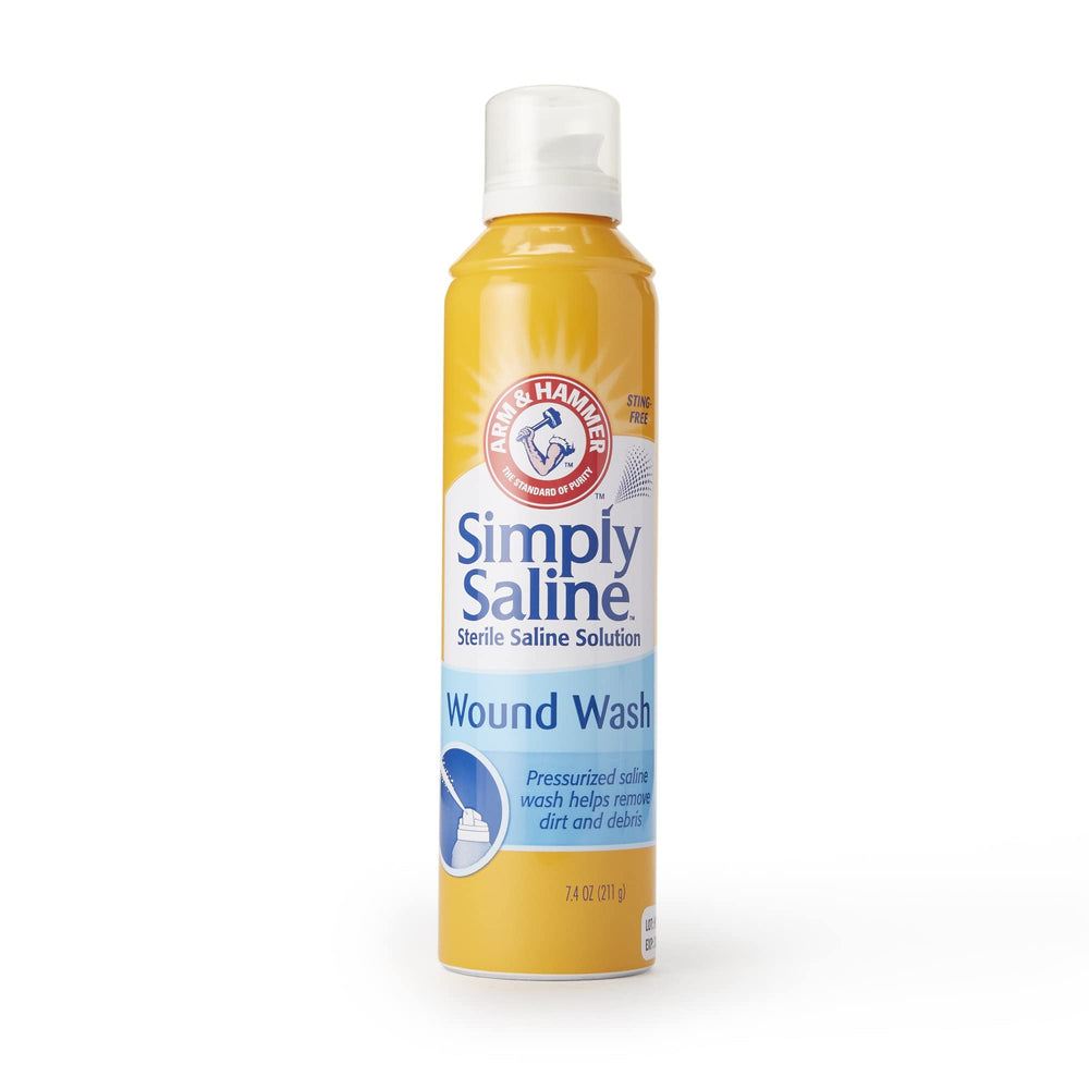 Simply Saline Wound Wash 7.4 oz bottle for gentle cleansing of minor wounds.
