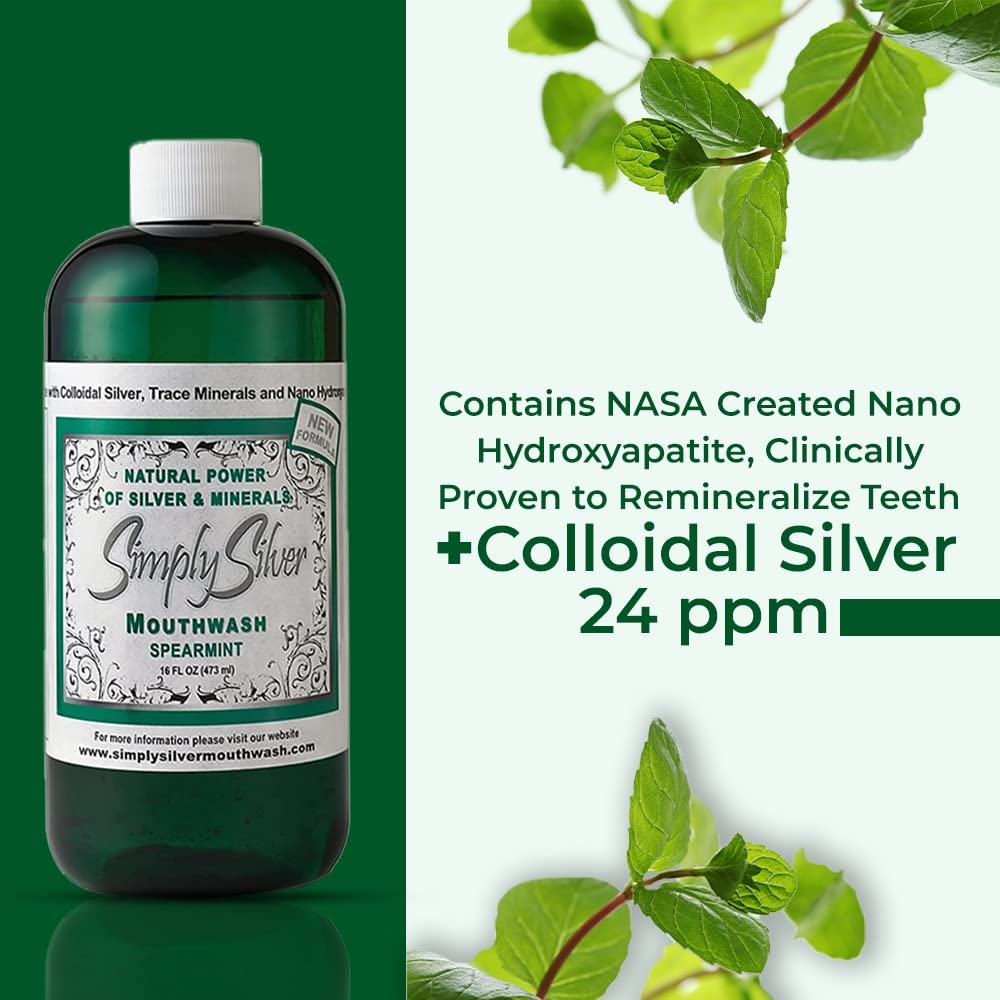 Colloidal silver 24 ppm detail on Simply Silver Mouthwash bottle