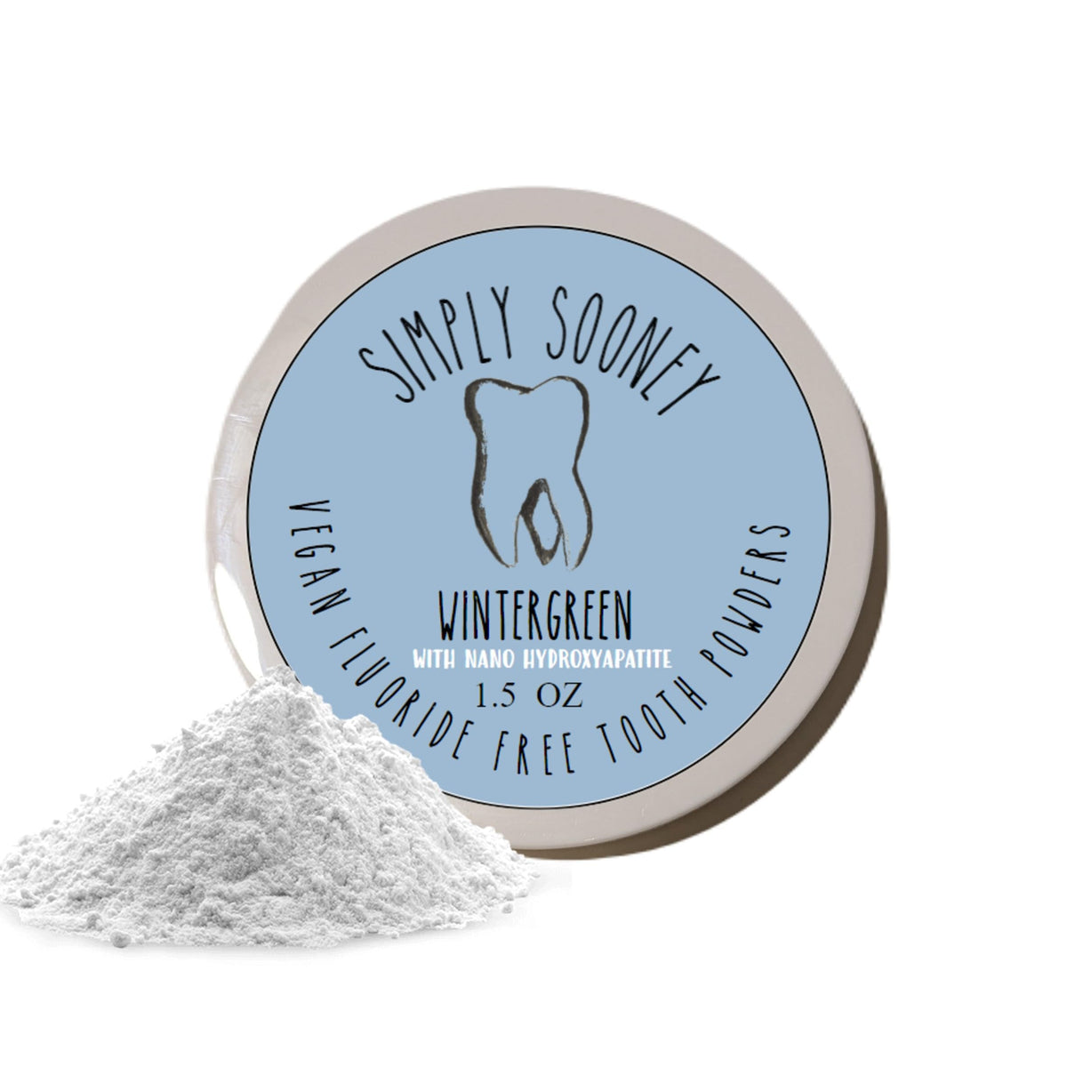 Simply Sooney Remineralizing Vegan Tooth Powder in a BPA-free amber jar