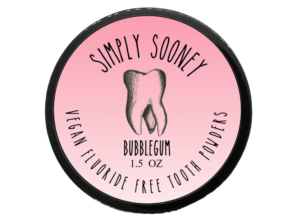 Front view of Simply Sooney Bubblegum remineralizing tooth powder jar