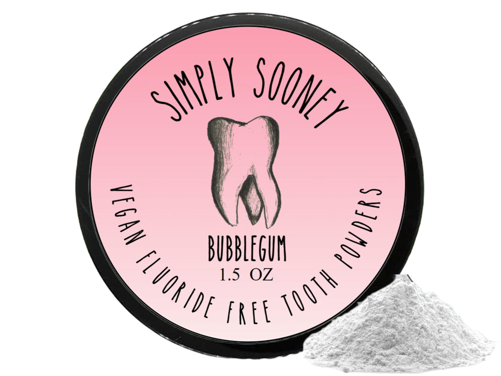 Ingredients label showing Bentonite clay, vegan calcium carbonate, birch xylitol, magnesium, Himalayan salt, bubblegum flavor