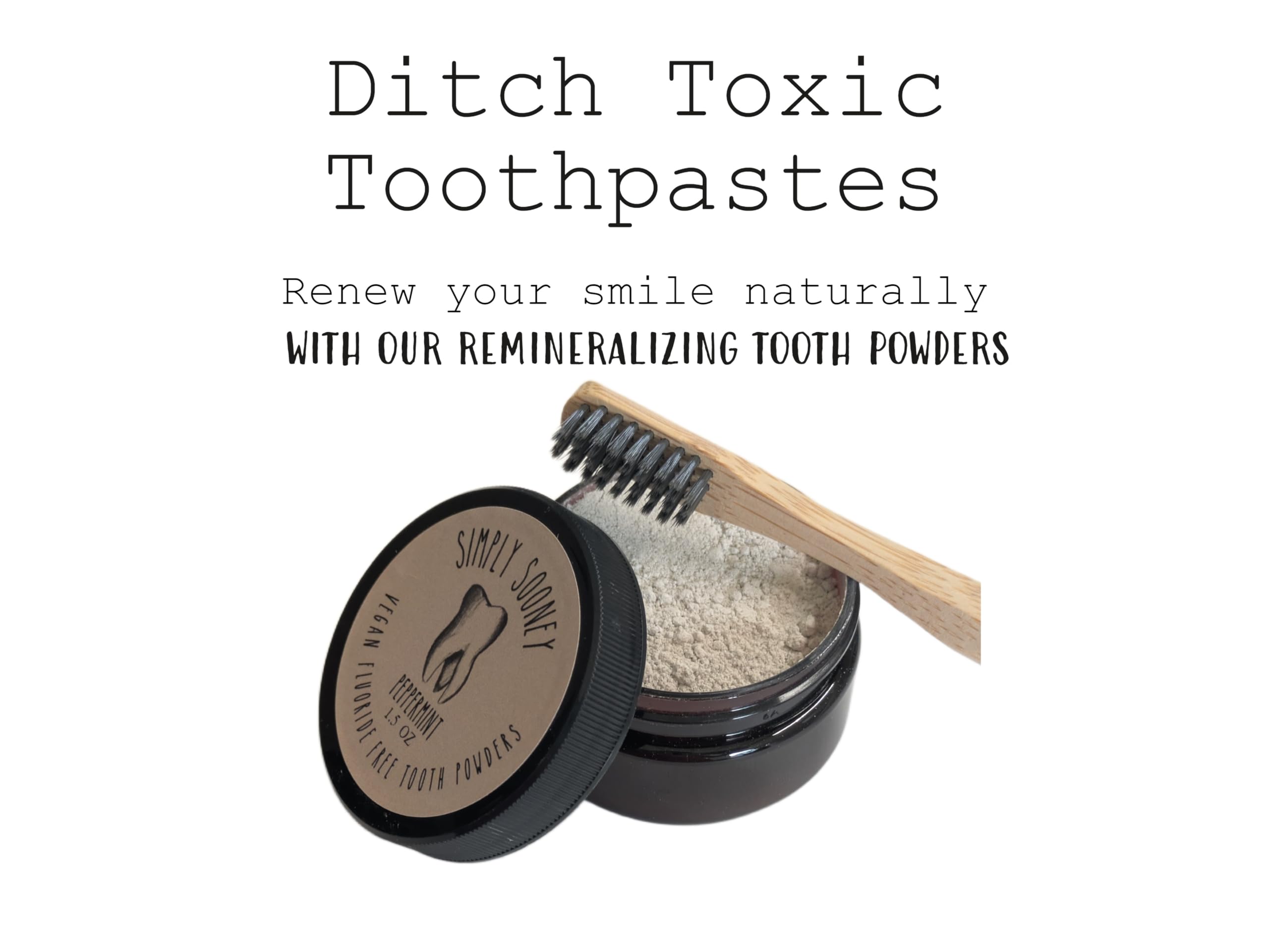 Kid-friendly packaging and 1.5 oz jar of Simply Sooney remineralizing tooth powder