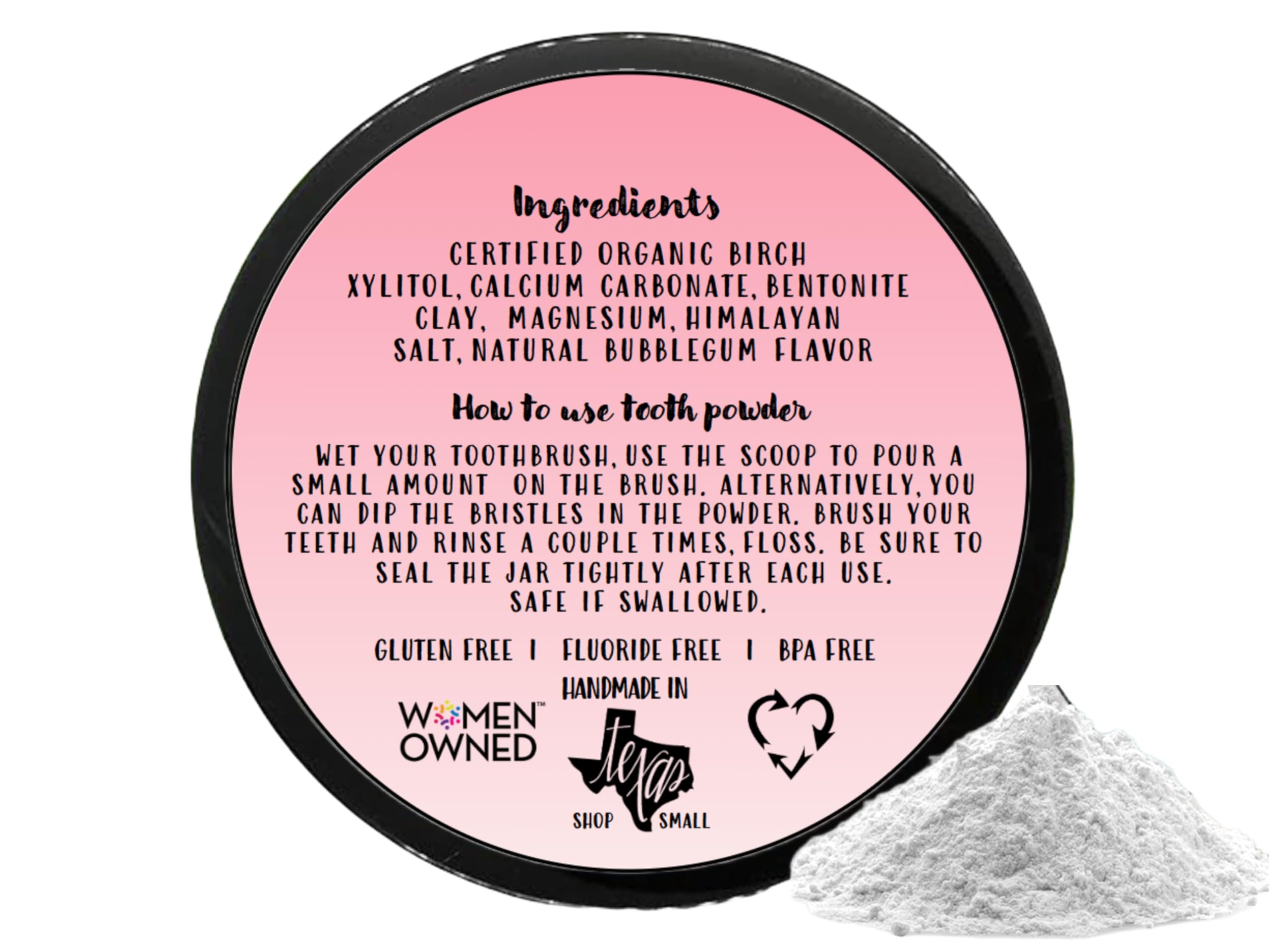 Close-up of the Simply Sooney tooth powder jar open with powder