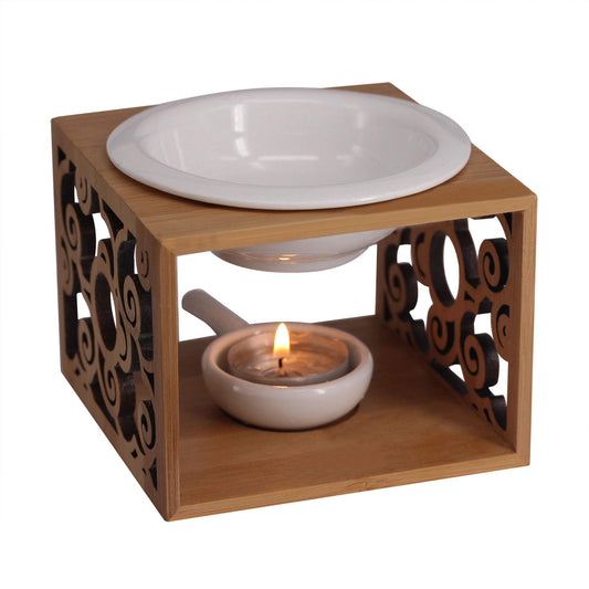 Singeek ceramic essential oil burner with a separated bamboo wooden base and a large 100ml bowl
