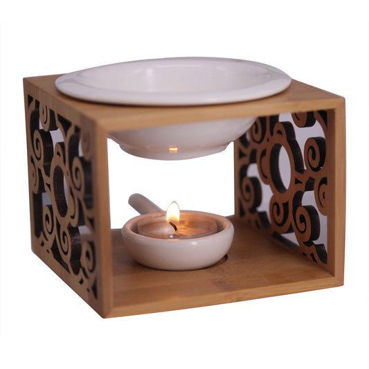 Close-up of the large ceramic bowl and handcrafted bamboo wooden base