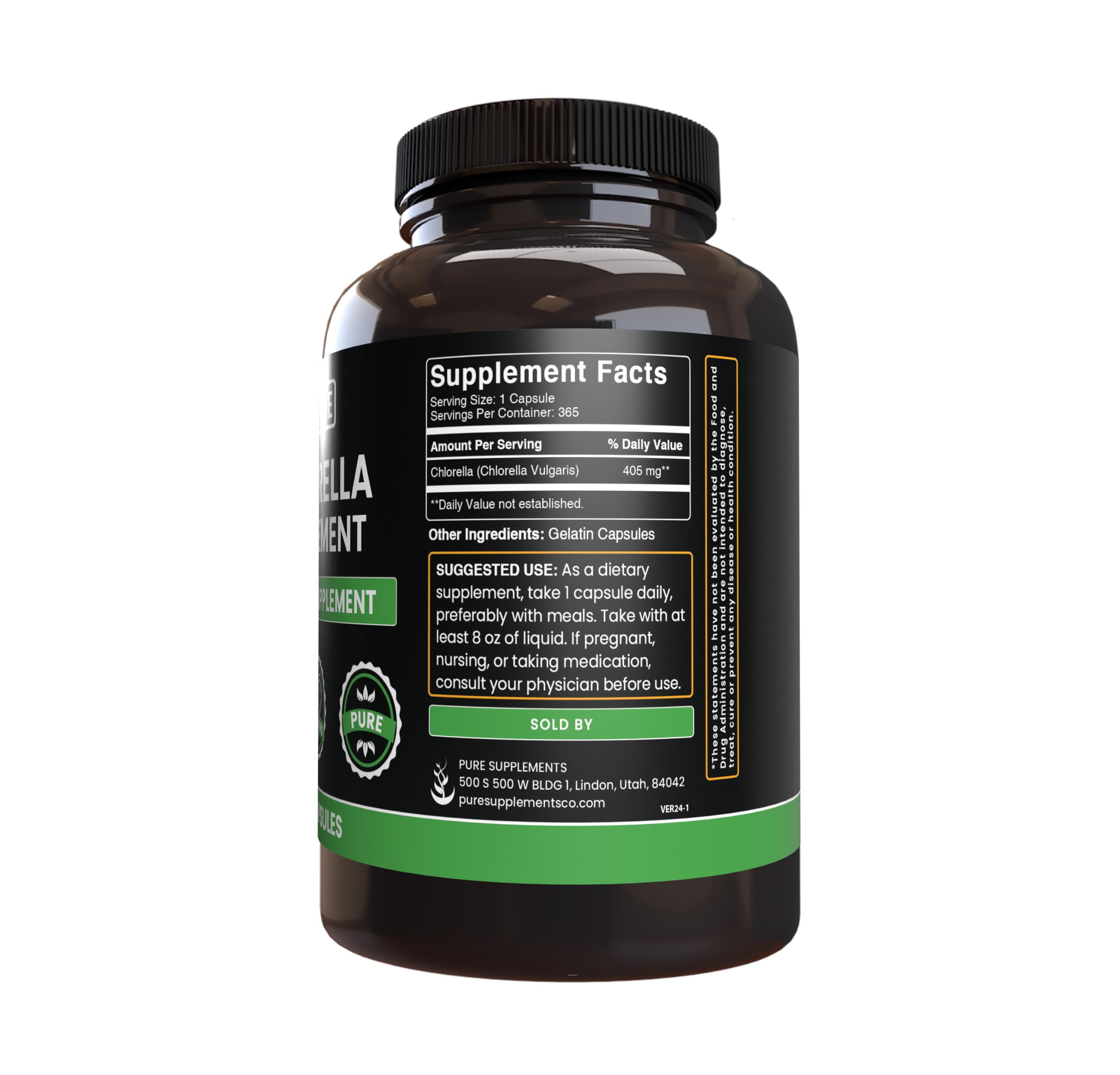 Close-up of a single-ingredient chlorella capsule