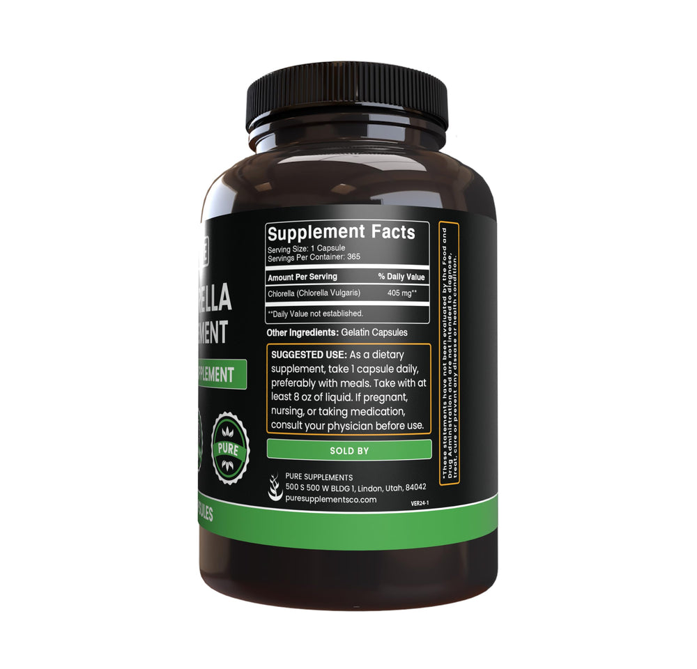 Close-up of a single-ingredient chlorella capsule