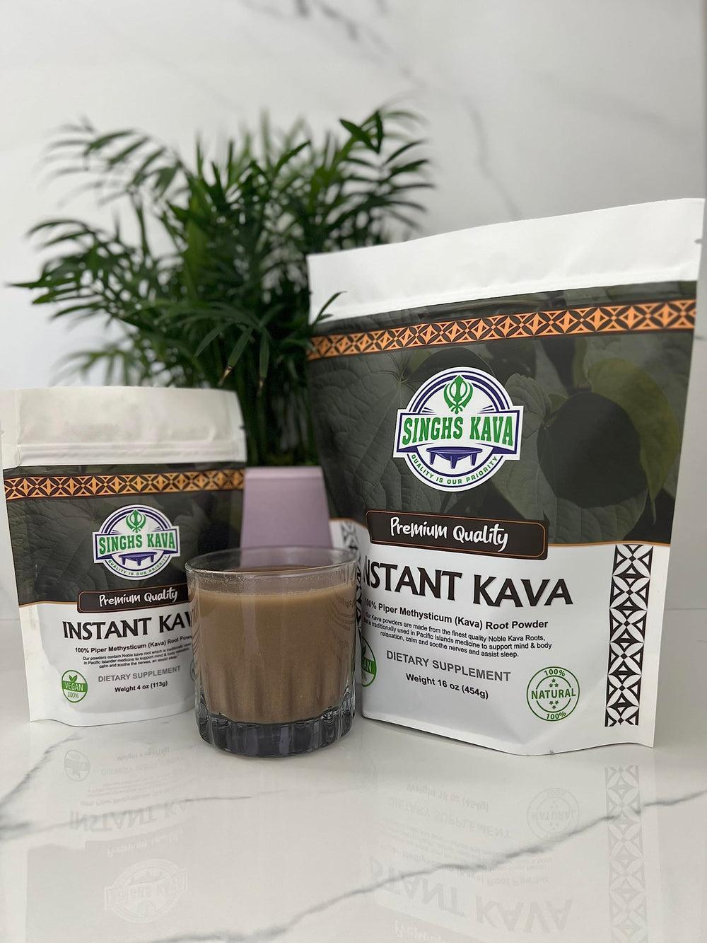 Prepared cup of kava served from SINGHS powder