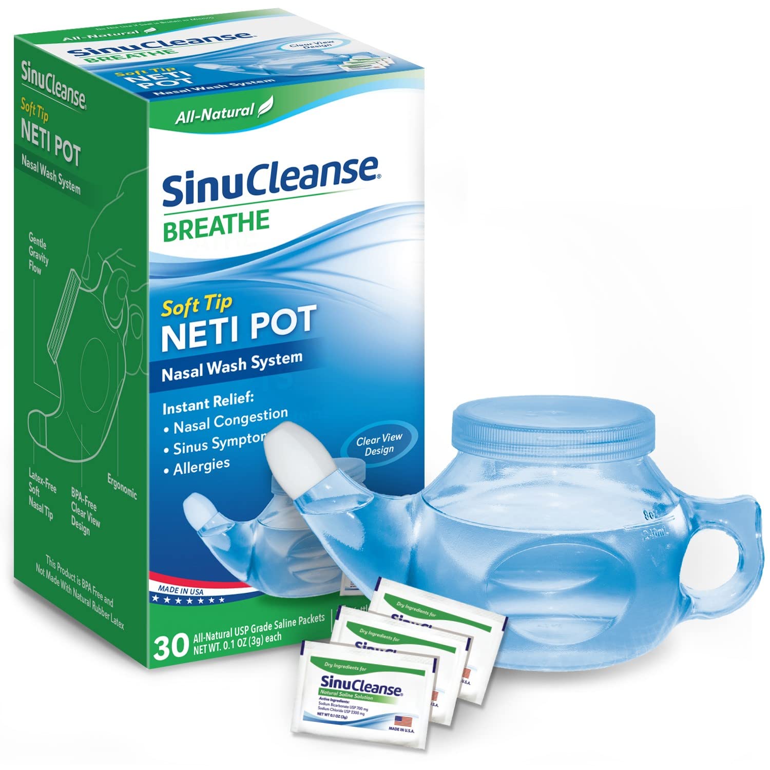 SinuCleanse soft tip neti pot front view for gentle nasal irrigation relief.