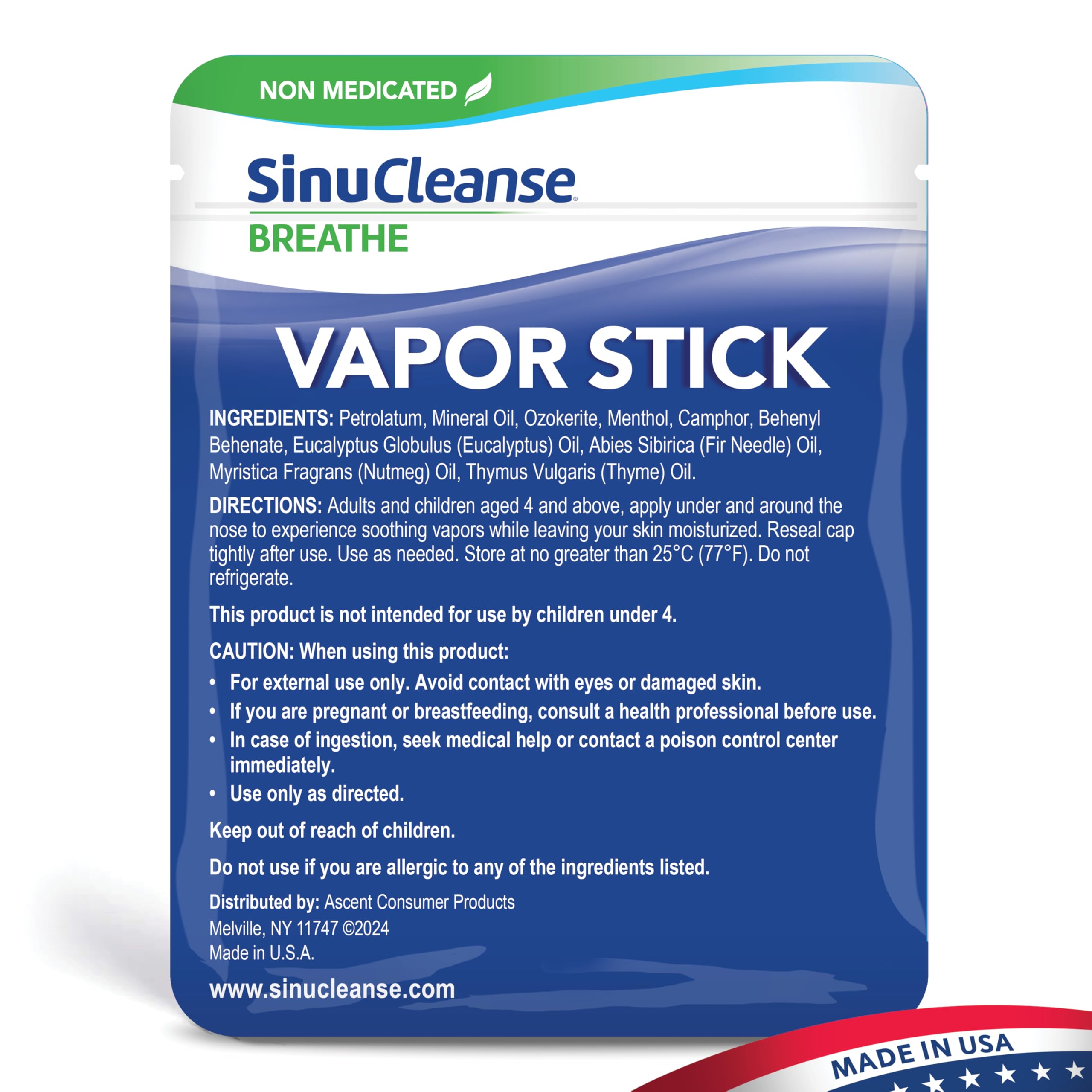 SinuCleanse Vapor Stick made-in-usa label emphasizes quality and safety.