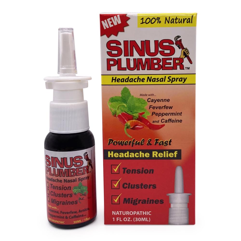 Sinus Plumber Headache Nasal Spray bottle shows natural formulation for occasional headaches