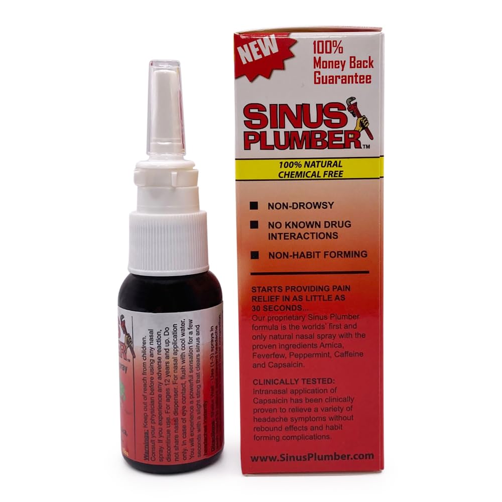 Sinus Plumber Headache Nasal Spray ingredients label highlights caffeine and capsaicin