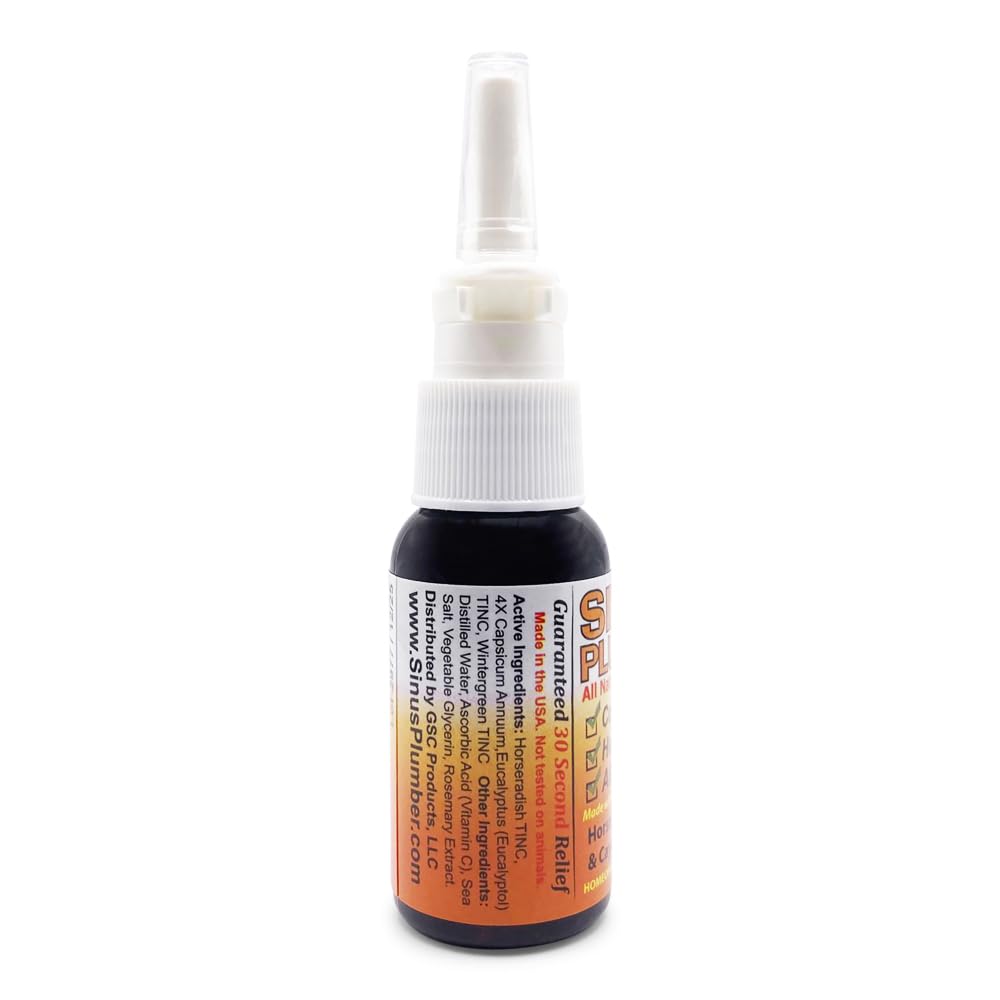 Sinus Plumber Pepper Nasal Spray label close-up shows active ingredients.