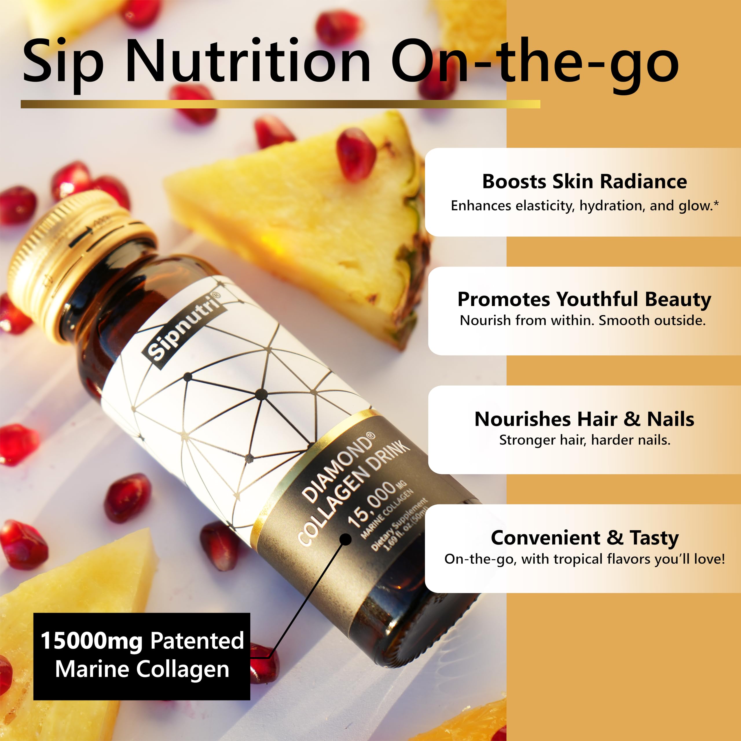 Product ingredients graphic with Vitamin C, SkinAx, pomegranate, horsetail