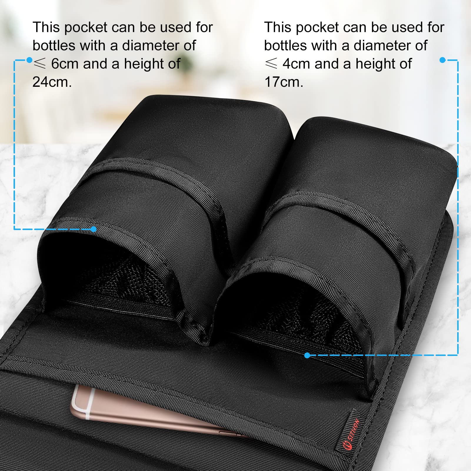 SITHON Bag front pockets opened showing bottle capacity