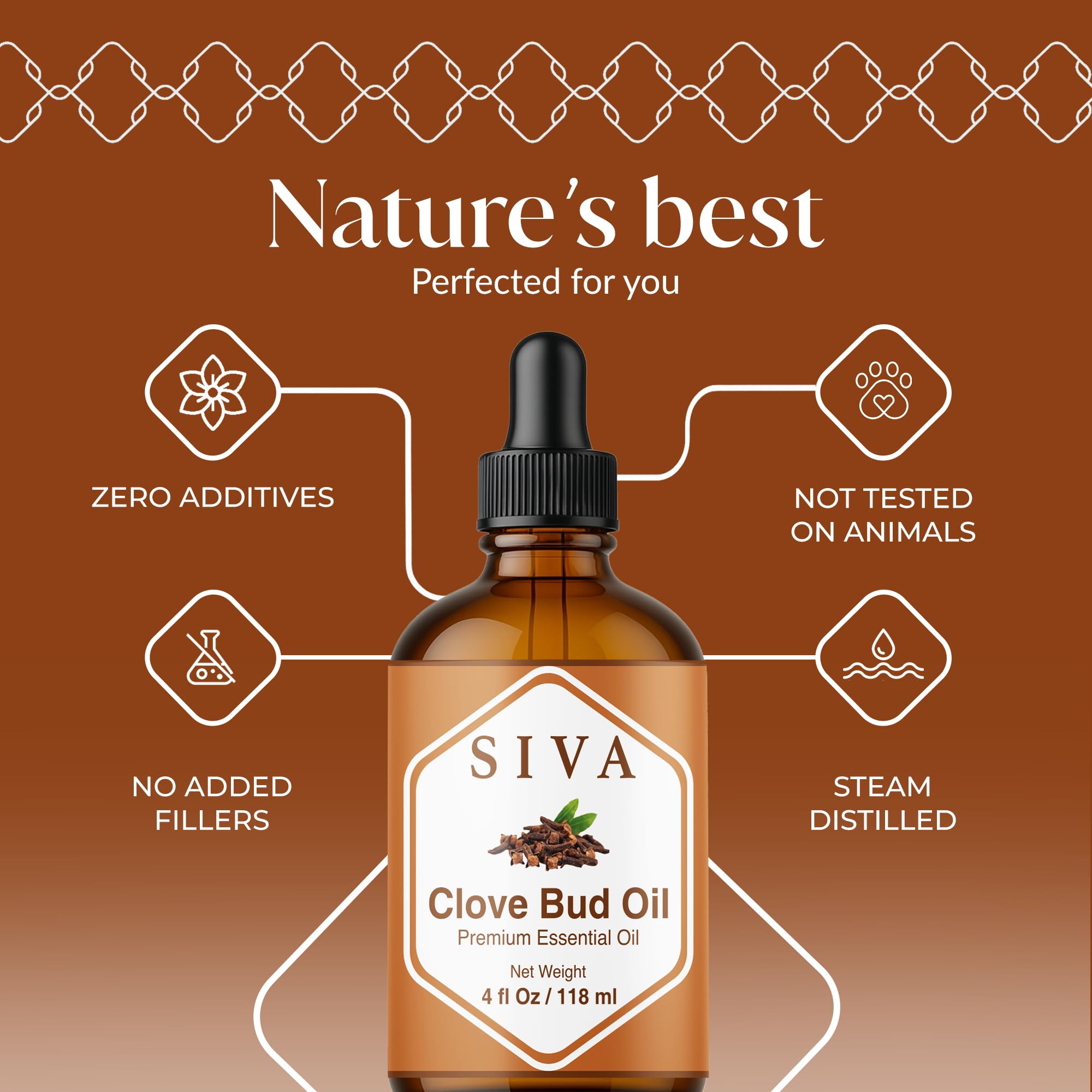 Close-up of SIVA Clove Bud Essential Oil label showing 4 oz