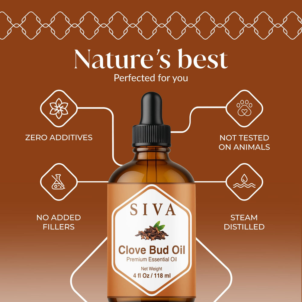 Close-up of SIVA Clove Bud Essential Oil label showing 4 oz