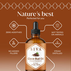 Close-up of SIVA Clove Bud Essential Oil label showing 4 oz